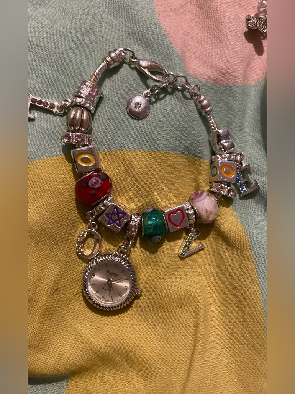 Figaro Couture Multicolor Charm Bracelet with Watch and Enamel Beads